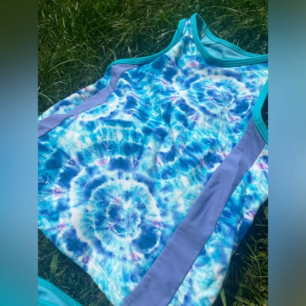 Tie-Dye Tankini Swimsuit Turquoise Blue Purple & Pink Swirls Racerback Girls 7/8
